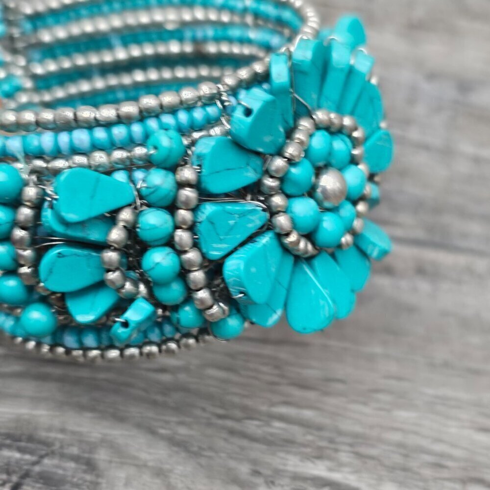 ❤️Western Boho Blue Faux Turquoise Blossom Flower Vintage Beaded Cuff Bracelet - Picture 2 of 8